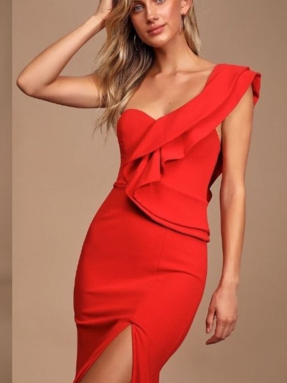 Lulus Red Ruffled One-Shoulder Maxi Dress